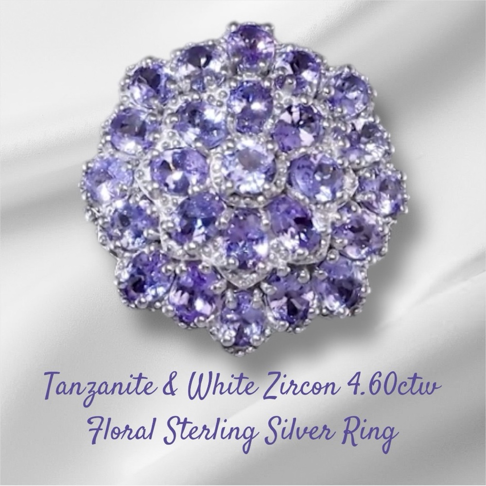 🚨RARE🚨Tanzanite and White Zircon Floral Ring in Platinum Sterling Silver 4.60ctw